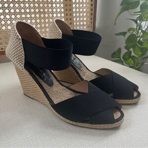 Andre Assous Erika Jute Wedge Espadrille Sandals Black Sz 9 Peep Toe